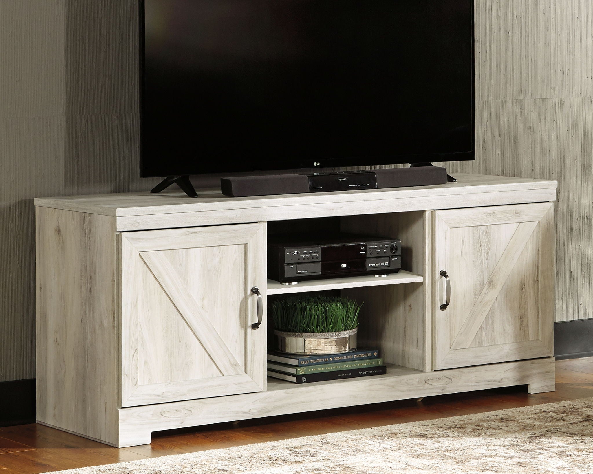 Bellaby - Mueble para TV de 63" con inserto de chimenea de imitación de ladrillo refractario - Acabado blanqueado