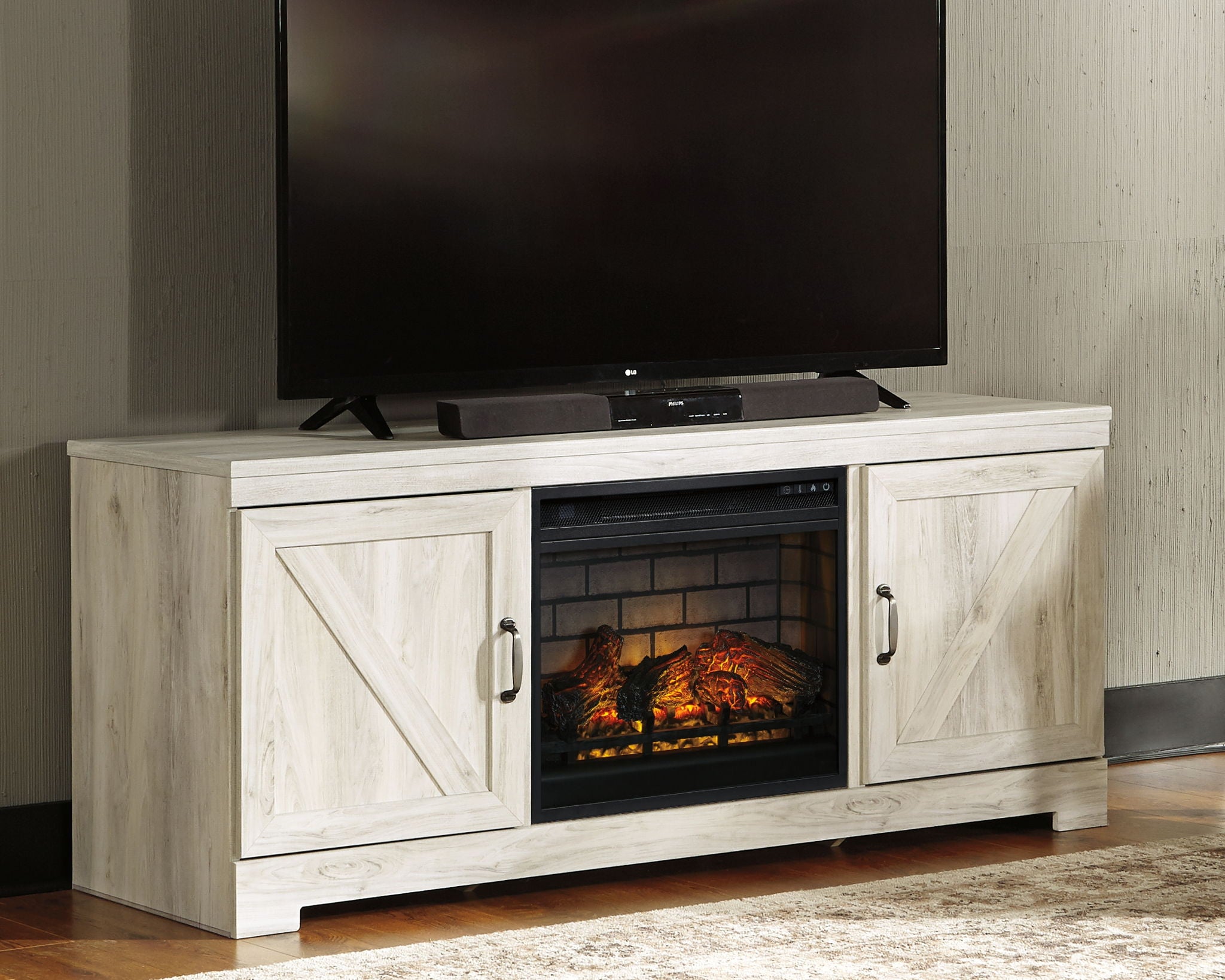 Bellaby - Mueble para TV de 63" con inserto de chimenea de imitación de ladrillo refractario - Acabado blanqueado