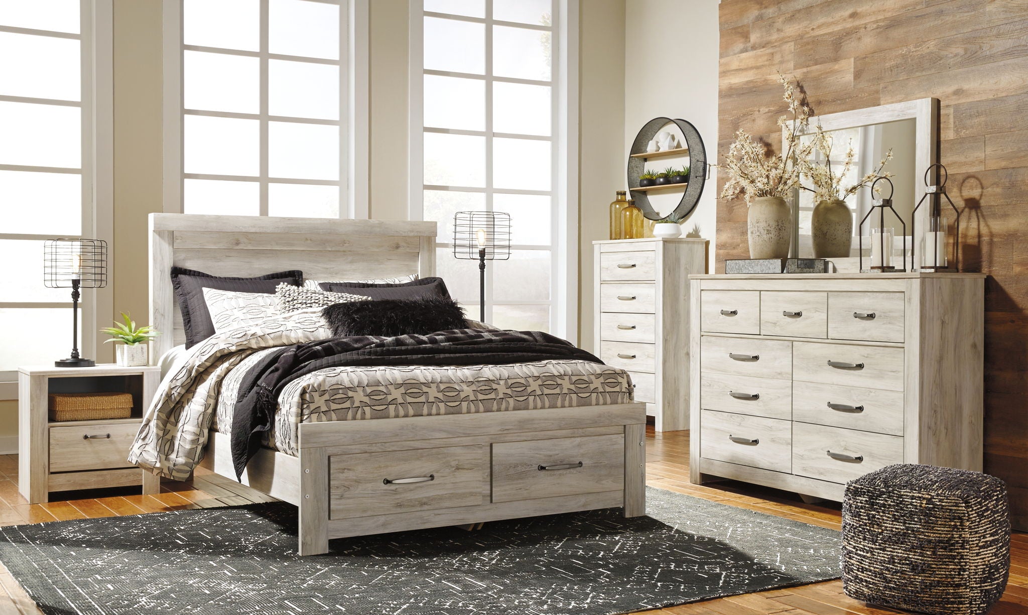 Bellaby - Conjunto de cómoda, espejo y cama con plataforma y cajones de almacenamiento.