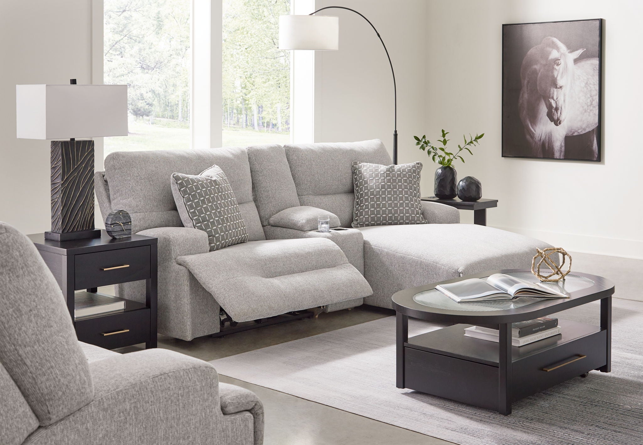 Acklen Place - 4 piezas - Sofá seccional reclinable eléctrico de 3 piezas con chaise longue Raf, sillón reclinable eléctrico de asiento ancho - Gris plomo